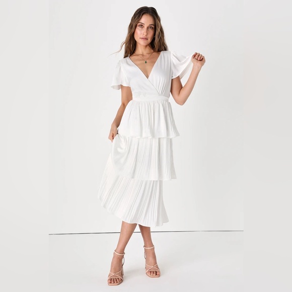 Lulus Dresses & Skirts - NWOT Lulus Twirl-wind Romance White Satin Pleated Tiered Short Sleeve Midi Dress